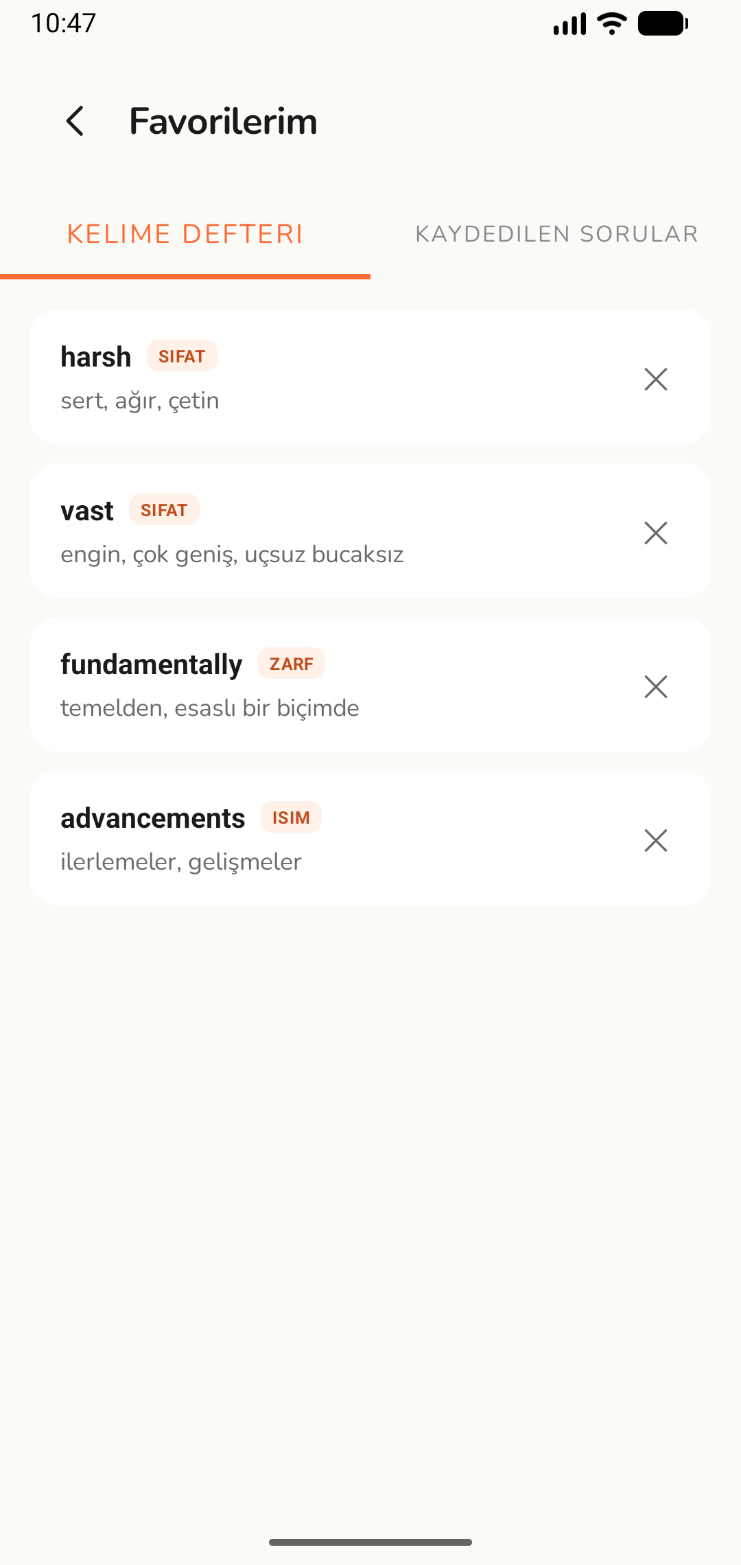 Kelime defteri ekranı